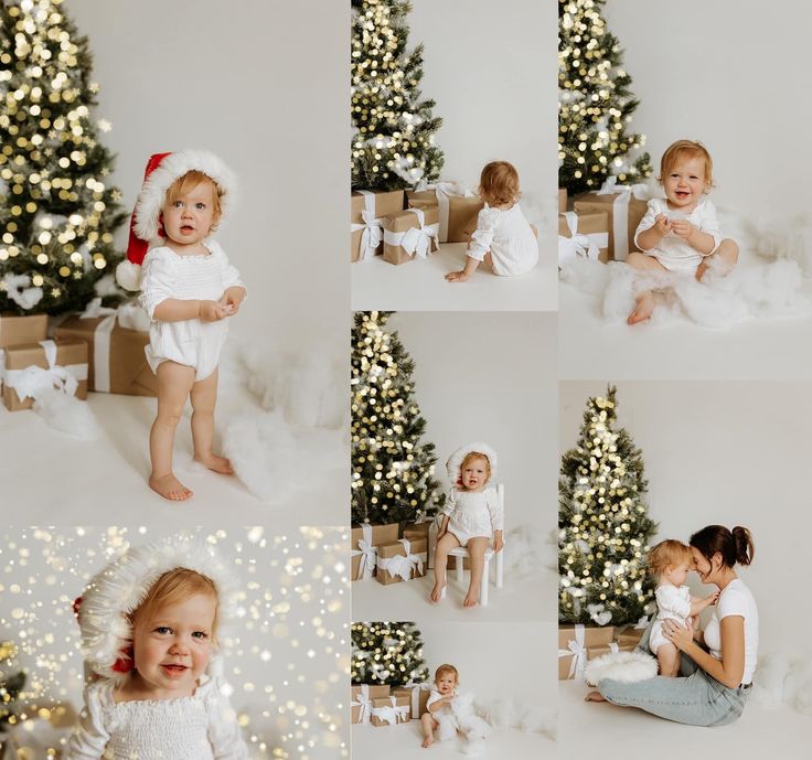 a collage of baby pictures in front of a christmas tree