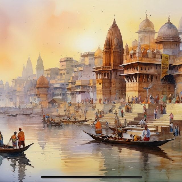 a painting of some people in boats on the water and buildings behind them with orange sky