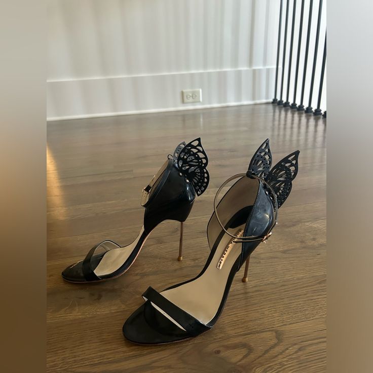 Black Sophia Webster Butterfly Heel. Great Condition Luxury Black Heels For Cocktail, Designer Black Heels With Heel Strap, Black Butterfly Shoes, Black Butterfly Heels, Butterfly Hills Shoes, Sophie Webster Shoes, Butterfly Platform Heels, Sophia Webster Butterfly Heels, Butterfly Heels