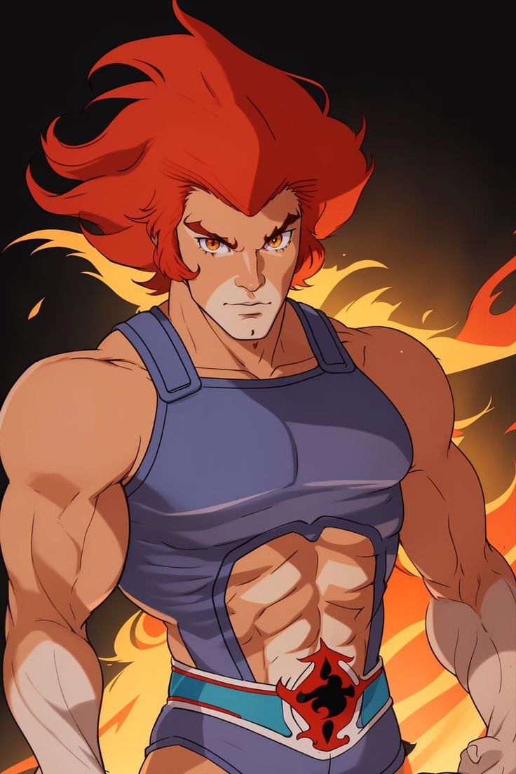 an anime character with red hair and no shirt on, standing in front of flames