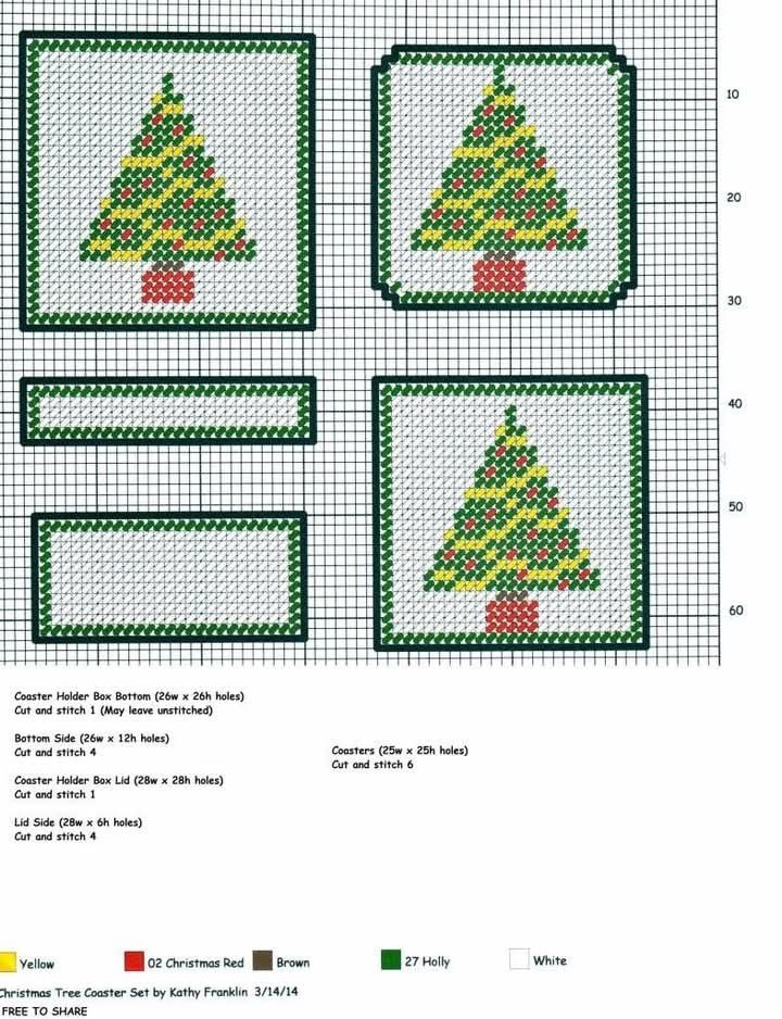 four cross stitch christmas trees on squares