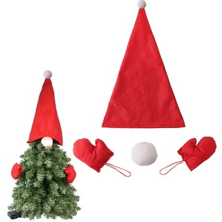 a christmas tree with two red hats on top and one white ball in the middle