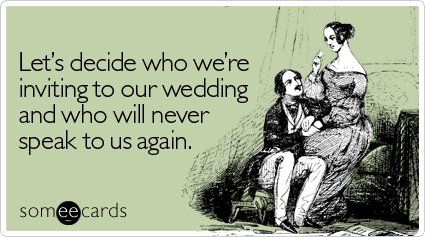 a woman sitting next to a man on top of a couch with the words, let's decide who we're invining to our wedding and who will never speak