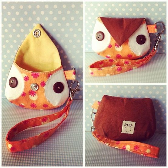 four pictures of an owl purse with buttons on it