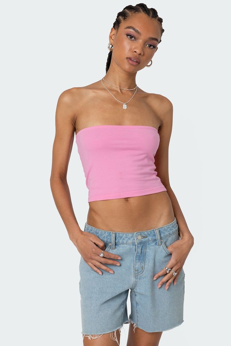 Basic Tube Top Pink Tube Top, Top Strapless, No Closet, Knitted Tops, Strapless Tops, Womens Basic, Dress Cuts, Leggings Shop, Denim Top