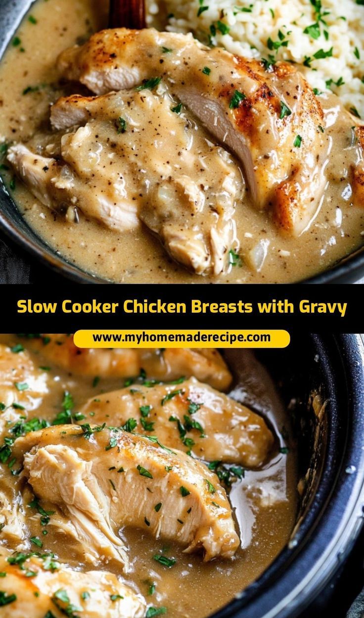 These slow cooker chicken breasts with gravy are the best chicken breasts for an easy dinner. Juicy, tender, and smothered in gravy, they’re the ultimate slow cooker chicken for a comforting meal Chicken Dinner Crock Pot Recipes, Slower Cooker Recipes Chicken, Chicken Dinner Slow Cooker, Juicy Chicken In Crockpot, Crockpot Recipes Chicken And Gravy, Crockpot Chicken Gravy Slow Cooker, All Day Crockpot Chicken Recipes, Slow Cooker Creamy Chicken And Gravy, Slow Cooker Chicken Breast With Gravy