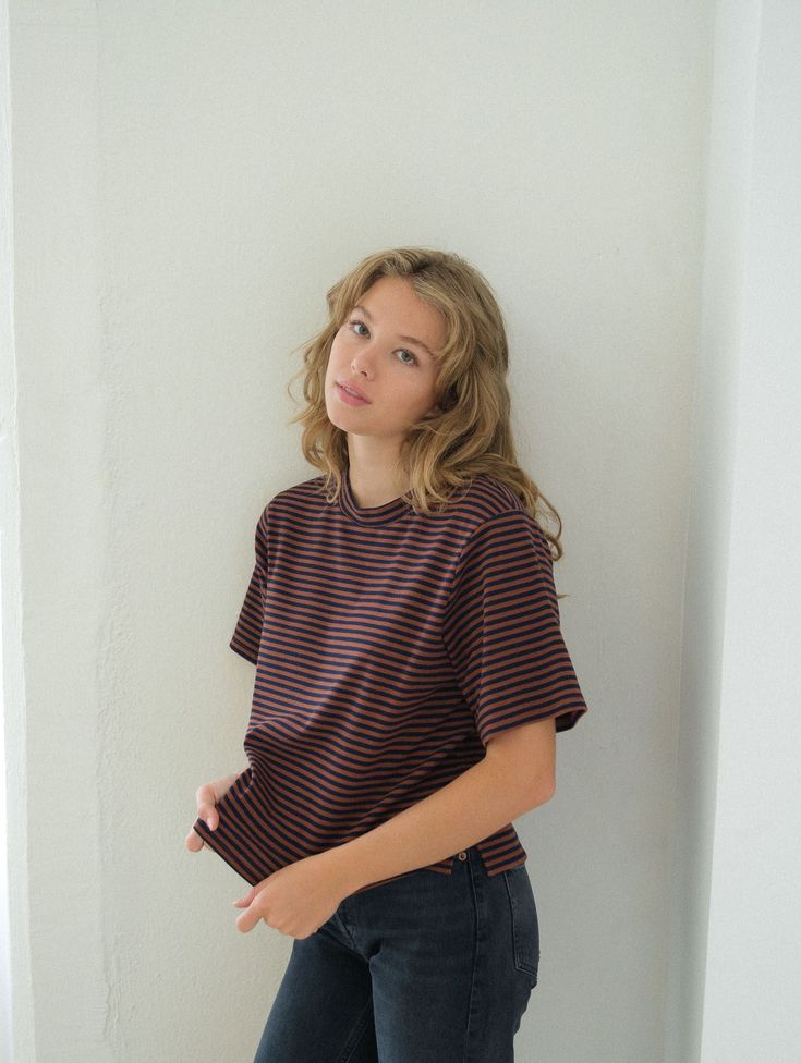 The perfect striped tee. - Sizing: Model is 5'7", wearing a size S - Content: 97% Cotton, 3% Spandex Care: Handwash recommended Imported Striped Tshirt, Cool Clothing, Navy And Brown, Striped T Shirt, Striped Short, Scarf Men, Style Aesthetic, Mens Skin Care, Basic Tee