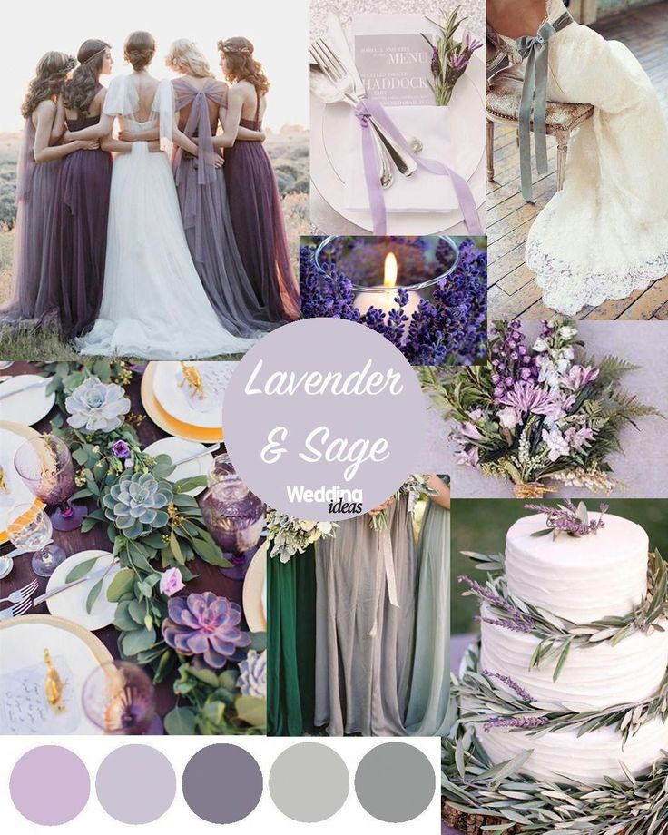 a collage of wedding photos with lavender and sage color palettes for the bride