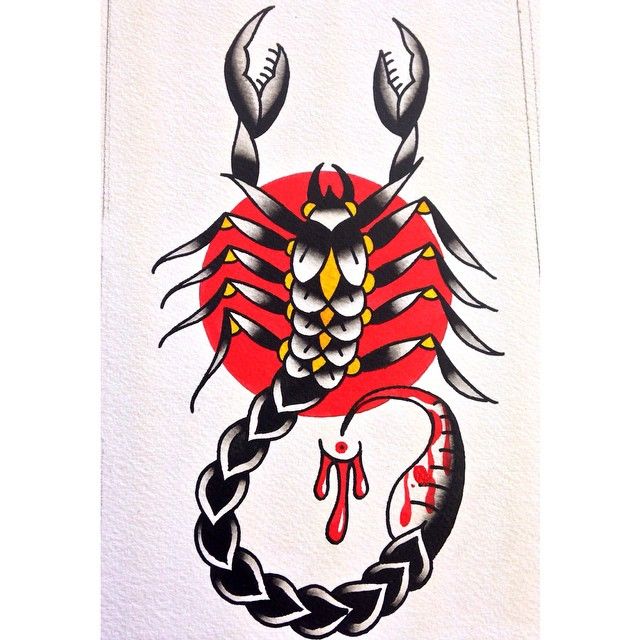 a red and black scorpion tattoo on a white background