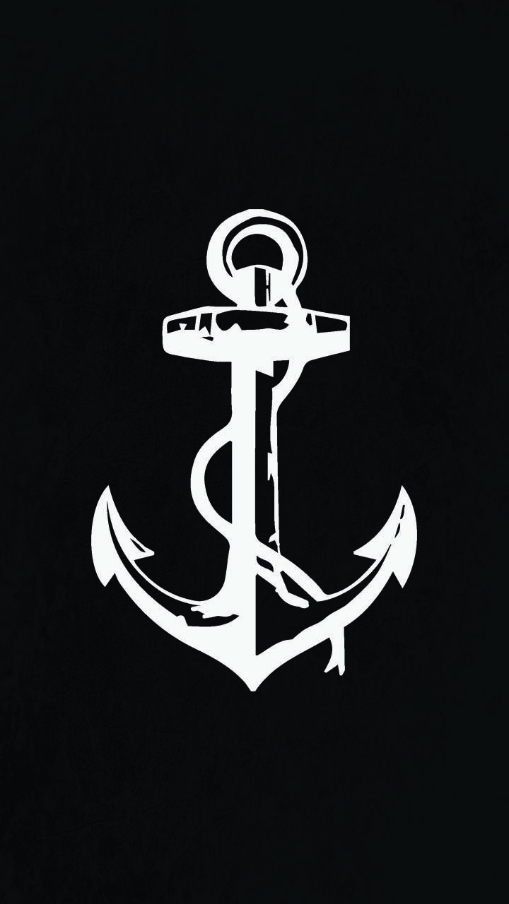 an anchor on a black background with white lettering in the center and bottom half of it