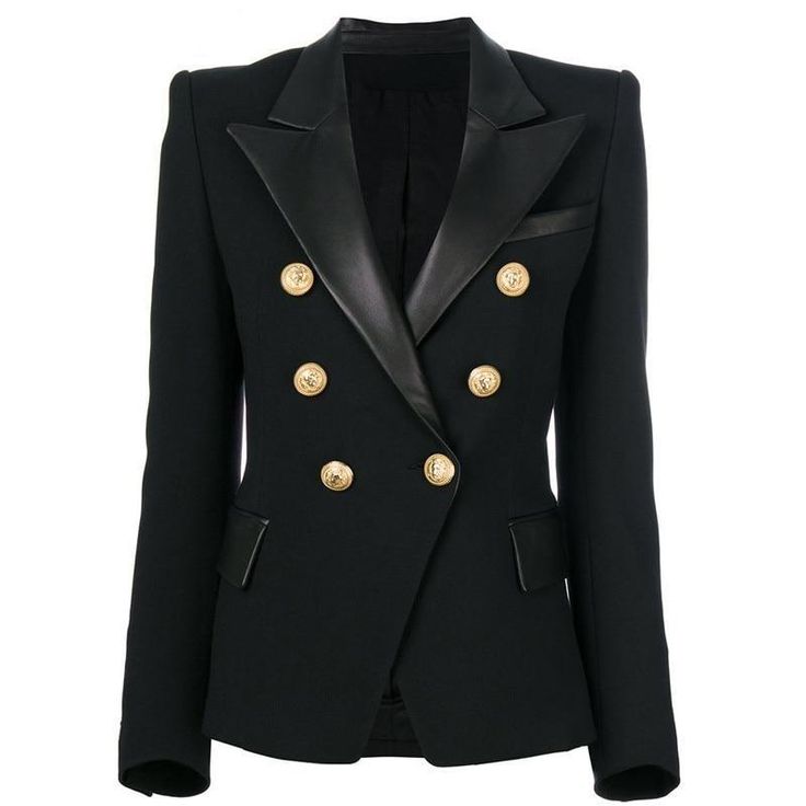 The classic and simple lines of this viscose blend sand cady double-breasted jacket are overturned by retro details. Its tight-fit, the concave shoulders and the large leather lapel remind of Bianca Jagger’s 70’s style. Metal jewel buttons fastening. Two flap pockets. Black-printing lining.[custom tab]FABRIC #1: 100% POLYESTER |FABRIC #2: 100% LEATHER | LINING #1: 100% POLYESTER[/custom tab] Bianca Jagger, European Design, Double Breasted Jacket, Fitted Blazer, Leather Collar, Leather Blazer, Blazer Buttons, Black Blazer, Black Blazers