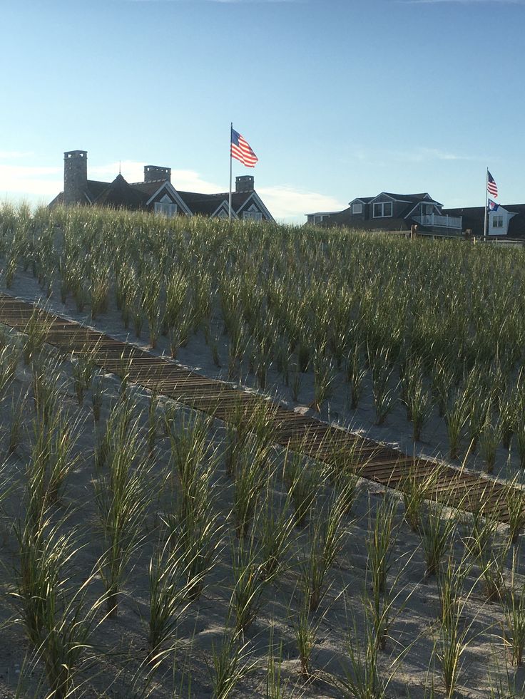 an american flag is flying in the distance over a field with houses and trees behind it