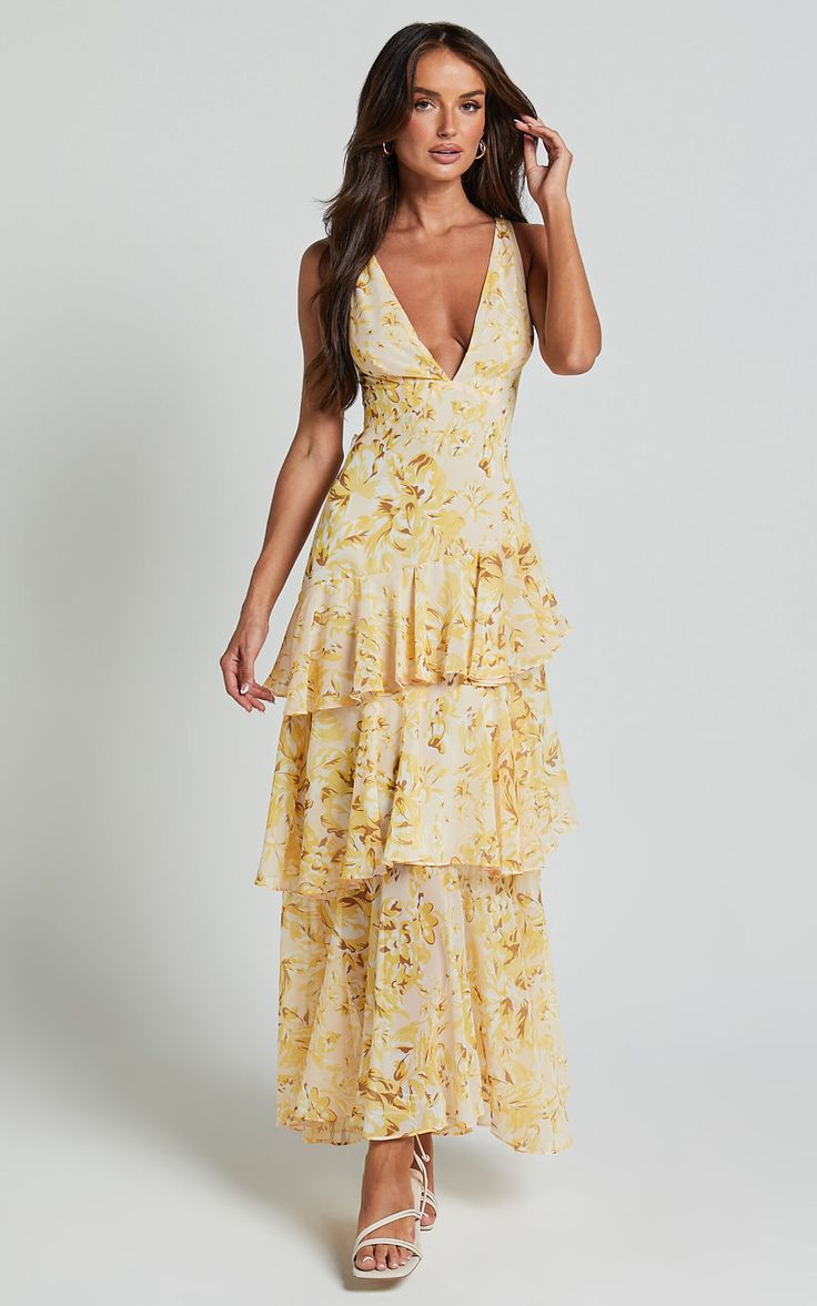 Beryl Midi Dress - Deep V Neck Sleeveless Layered Dress in Yellow Floral Midi Dress Floral, Yellow Floral Dress, Layered Dress, Ruffle Midi Dress, Tiered Midi Dress, Dress Floral, Floral Midi Dress, Yellow Floral, Yellow Dress