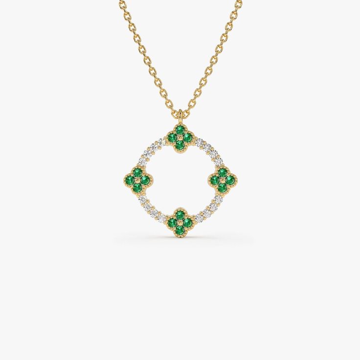 Emerald Necklace / Clover Necklace / Emerald and Diamond Pendant in 14k Gold / Layering Necklace / Emerald Stacking Pendant / May Birthstone ▶ Details   * Made to Order * Gold Kt: 14K (also available in 18K) * Available Gold Colors: Rose Gold, Yellow Gold, White Gold * Length & Width: 15.5MM * Round Diamond: 16 Pc 1.1 MM * Round Emerald: 16 Pc 1.3 MM * Diamond Color & Clarity: G Color SI Clarity * Diamond Ctw: 0.12 * Emerald Ctw: 0.18 ctw * Ready to Ship in 7-10 Business Days ▶ See more of our Ruby Jewelry - https://etsy.me/3XbNleY ▶ See our storefront here - http://etsy.me/2lUcVnH  ▶ All store sections here  Diamond Rings - http://etsy.me/2lwKUl8  * Diamond Earrings - http://etsy.me/2lyqVBP  * Diamond Necklace - http://etsy.me/2mqa6O1  * Diamond Bracelets - http://etsy.me/2mVrAB5  * Diamo Fine Jewelry White Gold Necklace With Jewels, White Gold Jeweled Fine Necklaces, Luxury Diamond Necklace With May Birthstone, White Gold Diamond Pendant Necklace With Jewels, Diamond Emerald Pendant Necklace, Fine Jewelry Diamond Pendant Necklace With 17 Jewels, Fine Jewelry Emerald Necklaces With Diamond Accents, White Gold Pendant Necklace With Jewels, Anniversary Diamond Necklace With Jewels