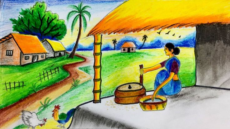 a drawing of a woman pouring water from a well into a bucket in front of a thatched roof