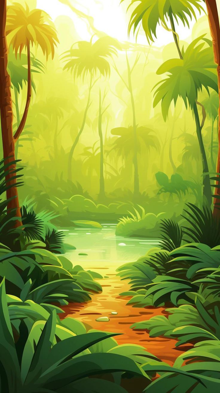 an illustration of a tropical jungle scene with palm trees and stream in the foreground