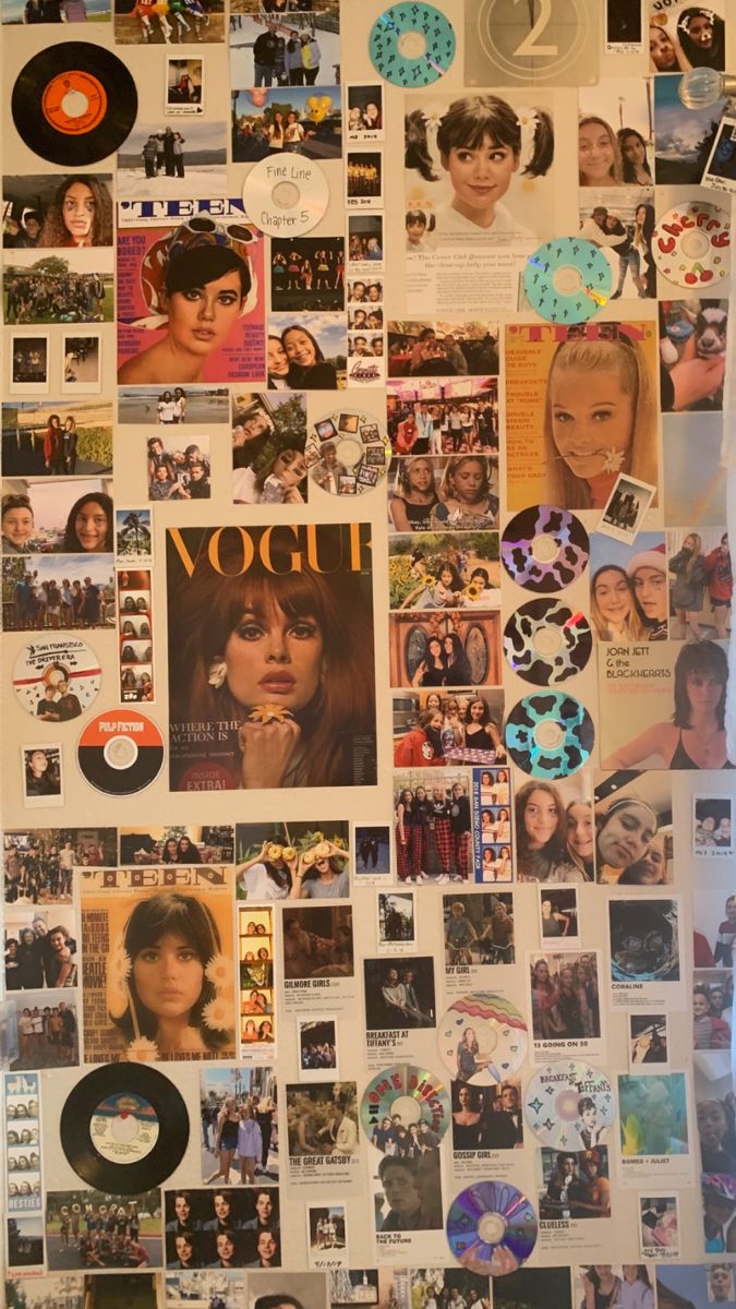 the wall is covered with many different pictures