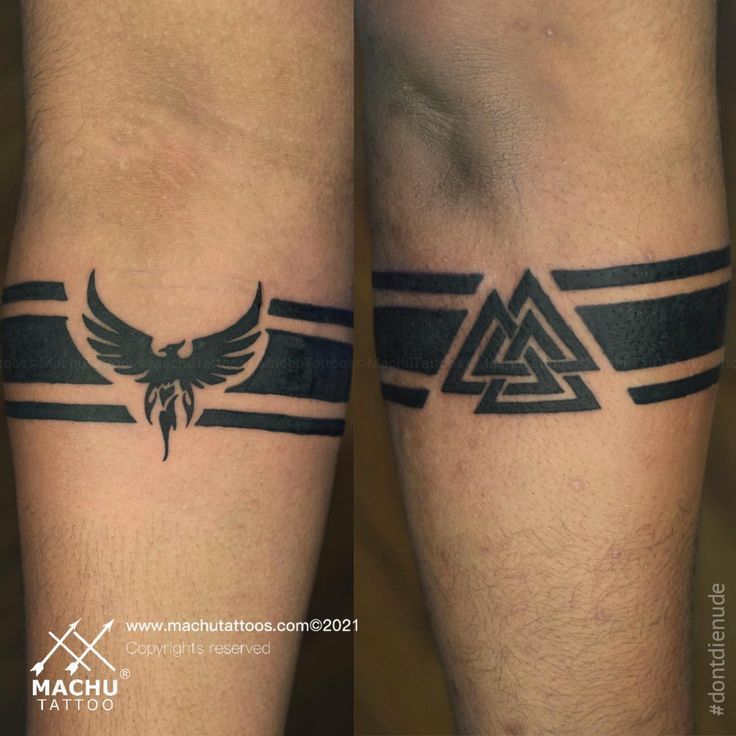 two tattoos on the legs of men with an eagle and triangle tattoo design in black ink