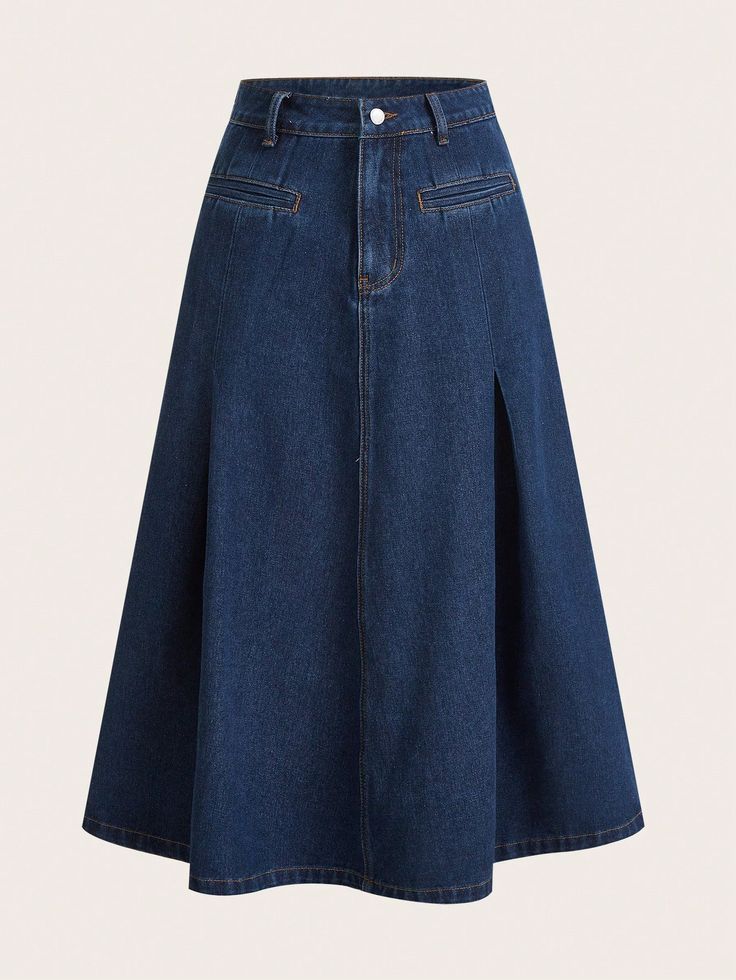 Dark Wash Casual Collar  Denim Plain A Line Embellished Non-Stretch  Women Clothing Jean Skirt Png, Denim Skirt Outfit Ideas, Denim Skirt Outfit, Skirt Outfit Ideas, Denim Skirts Knee Length, Long Skirt Outfits, Denim Skirt Outfits, Muslim Outfits Casual, Casual Wide Leg Pants