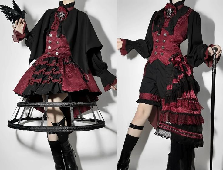 Dark Fairytale Outfit, Magic Aesthetic Clothes, Red Ouji Fashion, Magician Outfit Aesthetic, Sorcerer Aesthetic Outfit, Magician Aesthetic Outfit, Jester Outfit Ideas, Ring Master Outfit, Chaotic Aesthetic Outfits