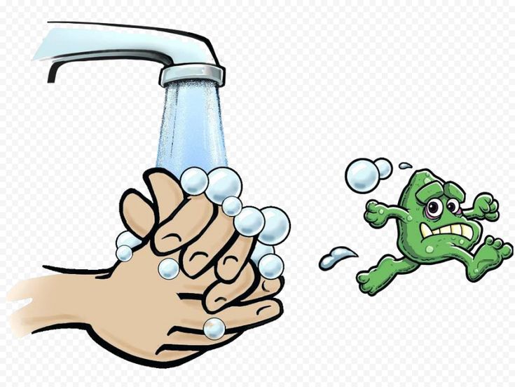 a person washing their hands with soapy water from a faucet and a cartoon frog