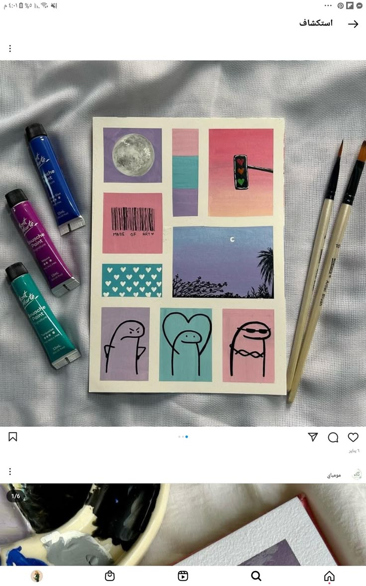 two pictures with some pens on top of them next to other items that include markers, pencils and paper