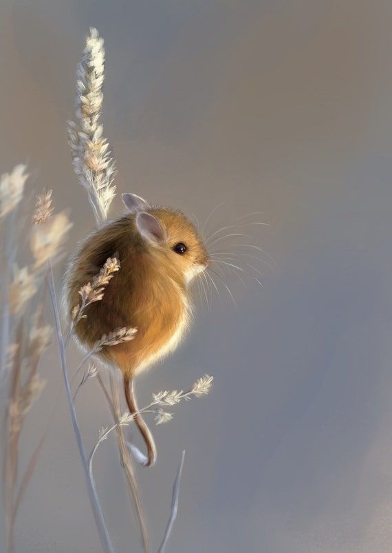 a small mouse sitting on top of a tall grass plant in front of a blue sky