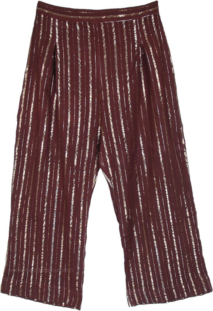 So apt to wear to parties! A fresh design in bohemian casual pants - a sweet shimmery and shiny striped pair of pants with an elastic waist; a unique addition to add to your collection. With their shiny silver stripes, these chocolate brown colored pants make for a beautiful statement piece. #tlb #SplitSkirtsPants #vacationclothing #Striped #ShimmerPants #CapriPants #PartyPants Trendy Shimmer Bottoms For Spring, Chic Shimmer Bottoms For Spring, Chic Shimmer Pants For Spring, Chic Festive Bottoms For Holiday, Spring Festive Straight Pants, Festive Straight Pants For Spring, Festive Spring Straight Pants, Glamorous Shimmer Bottoms For Spring, Festive Chic Wide Leg Bottoms