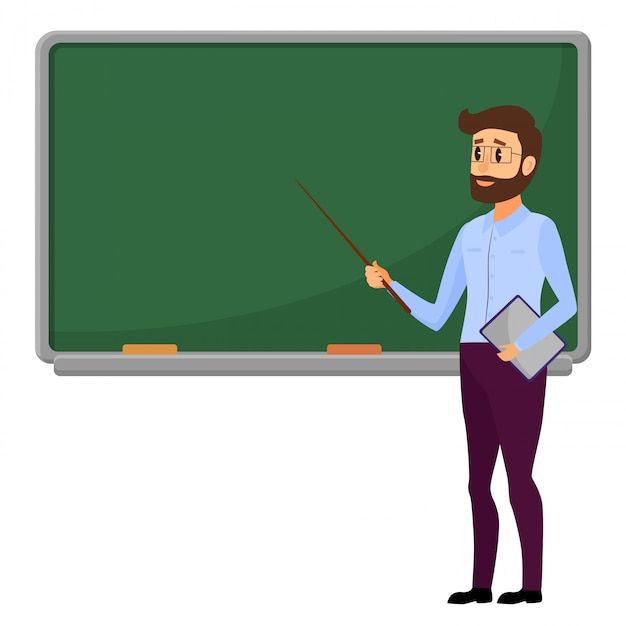 a man standing in front of a blackboard with a pointer