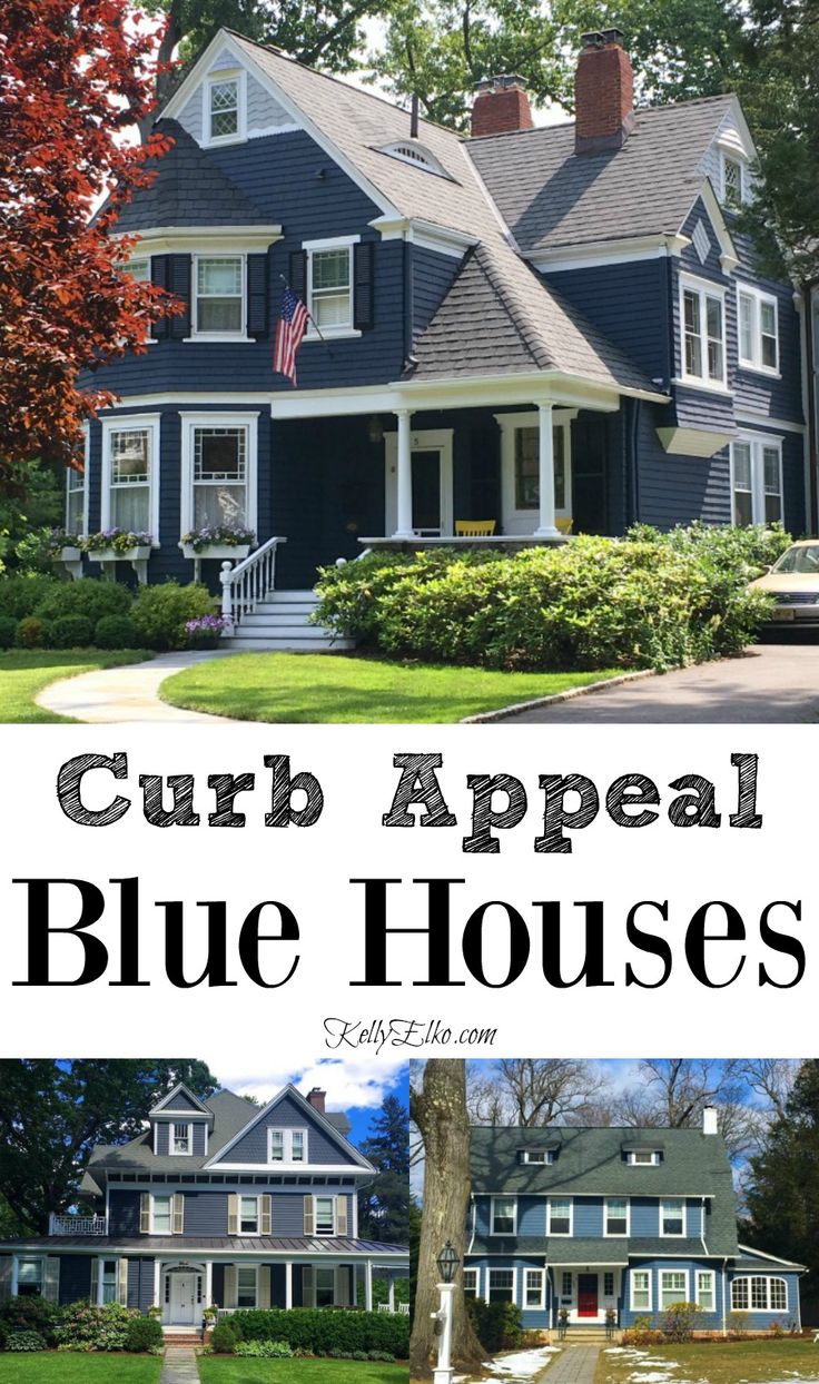 blue house with the words curb appeal blue houses on top and bottom in white letters