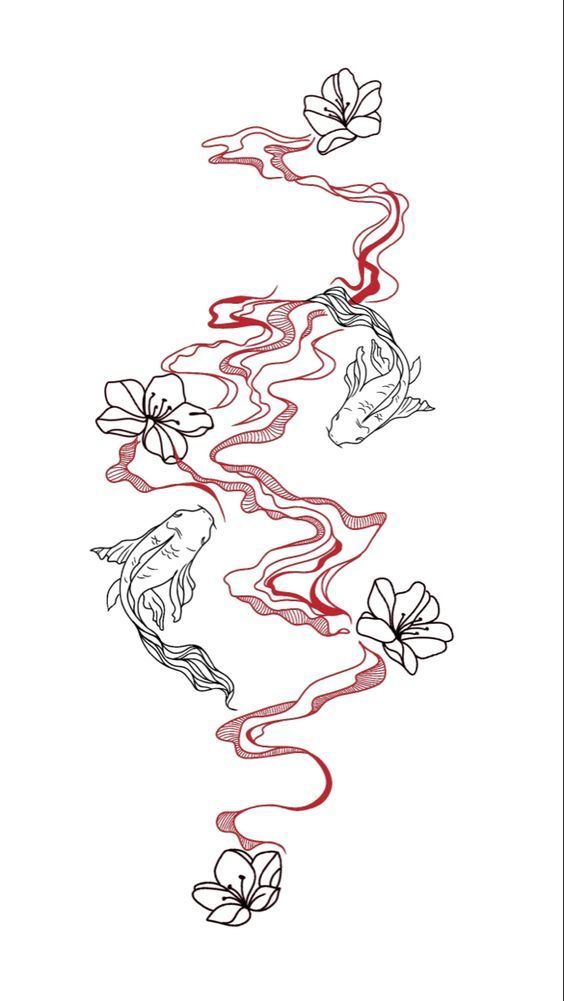 a line drawing of flowers and leaves on a white background, with red ink in the middle