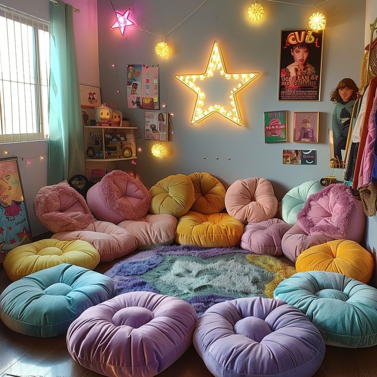 a room filled with lots of different colored pillows