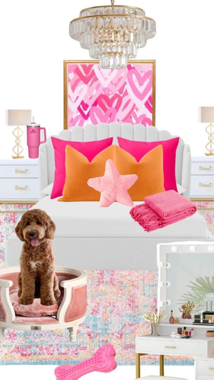 a bedroom with pink and gold accents, pillows, bedding, rugs and a dog sitting on a chair