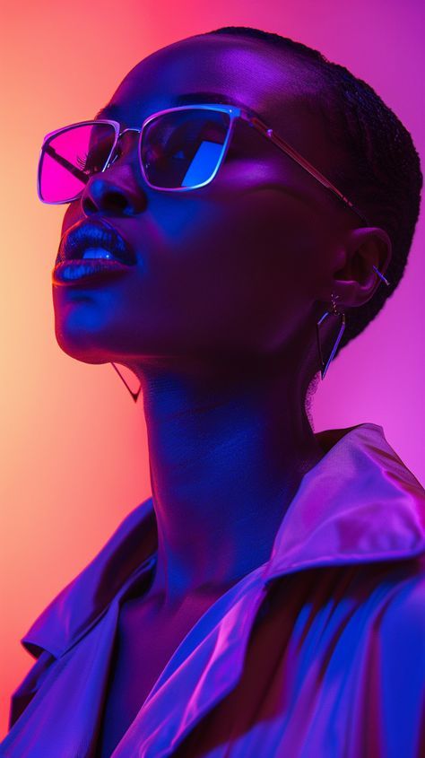 a woman wearing glasses and looking off to the side in front of a neon colored background