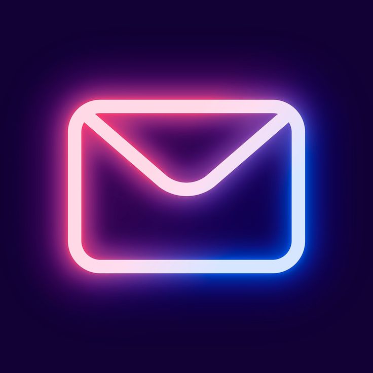 an illuminated neon email envelope icon on a dark blue and pink background with the letter e in the center