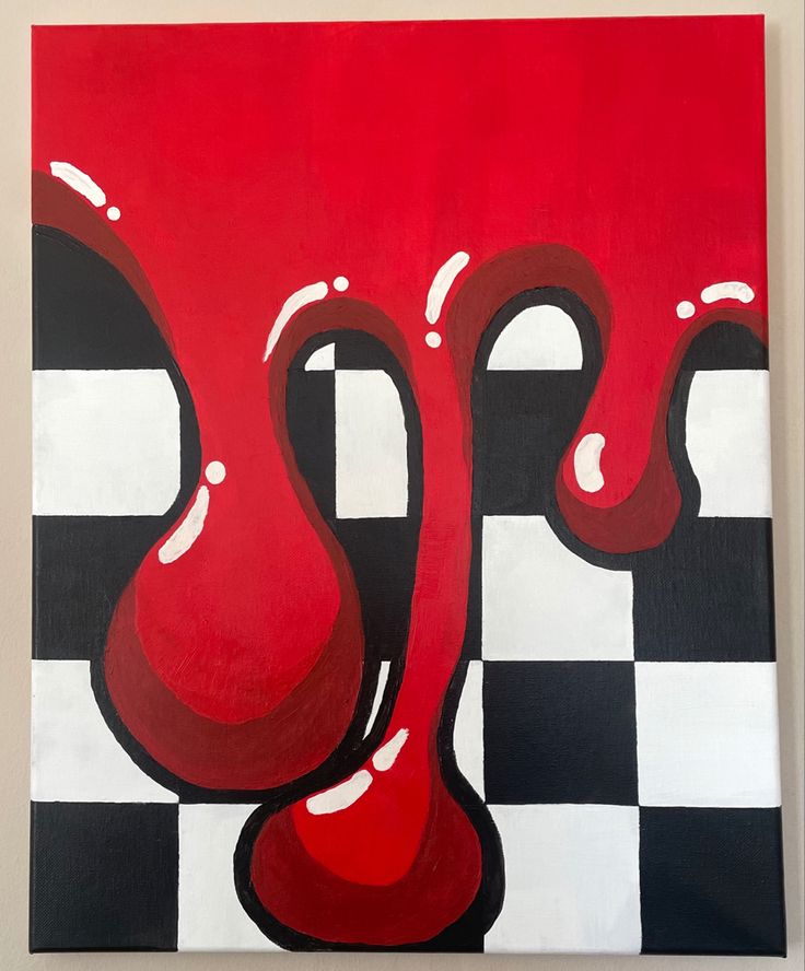 a painting with red and black colors on a checkered background, in the style of abstract art