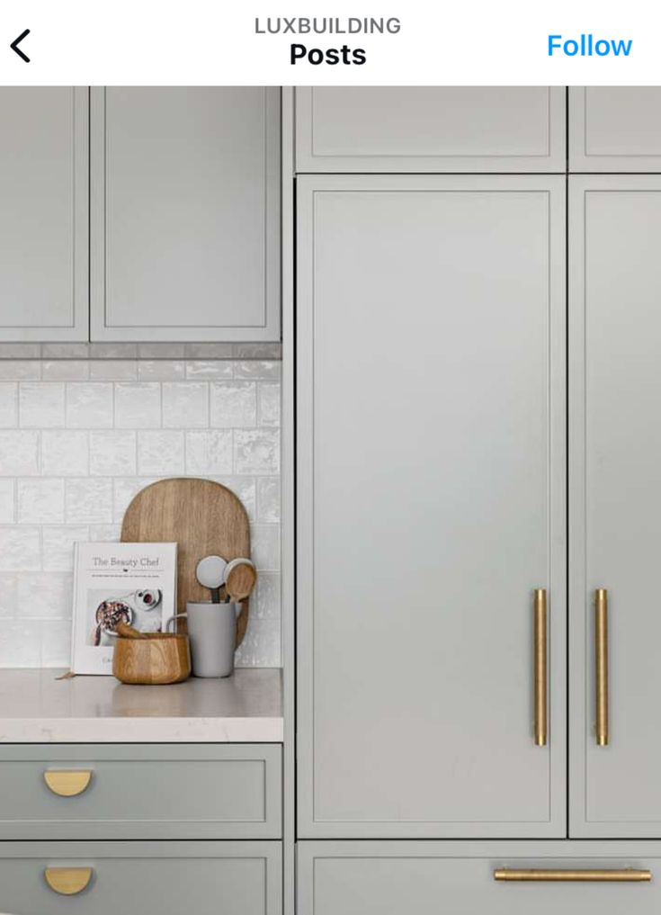 a kitchen with gray cabinets and gold handles