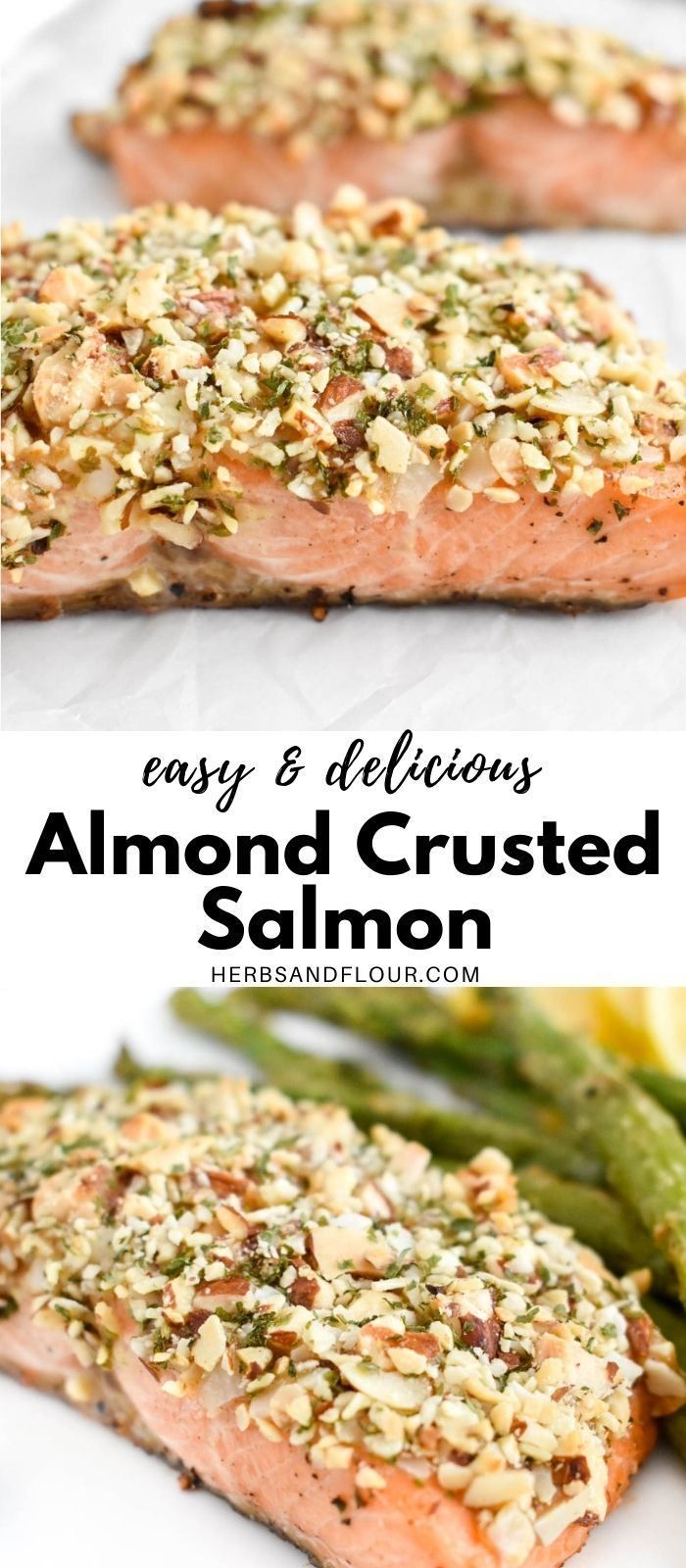 salmon and asparagus on a plate with the words easy & delicious almond crusted salmon