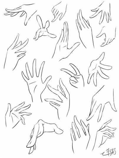 several hand gestures drawn in black and white with chinese characters on the bottom right corner