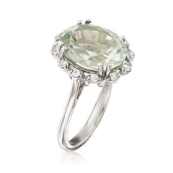 Ross-Simons - 4.40ct Prasiolite, .20ct t. w. White Topaz Ring in Silver. Size 9. This ring has a charming look that is reminiscent of spring. A fresh 4.40 carat green prasiolite oval is trimmed in .20 ct. t. w. white topaz petals. Crafted in polished sterling silver. 5/8" wide. White topaz and prasiolite ring. Elegant Green Amethyst Ring For Formal Occasions, Classic Green Amethyst Rings, Elegant Green Amethyst Topaz Gemstone Ring, Elegant Green Amethyst Rings With Center Stone, Elegant Green Amethyst Topaz Ring, Formal Green Amethyst Rings With Accent Stones, Elegant Green Amethyst Round Ring, Elegant Green Amethyst Ring For Anniversary, Elegant Green Amethyst Ring For Wedding