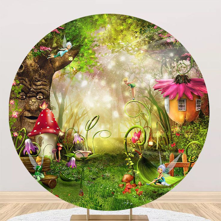 an image of a forest scene with mushrooms and fairy houses