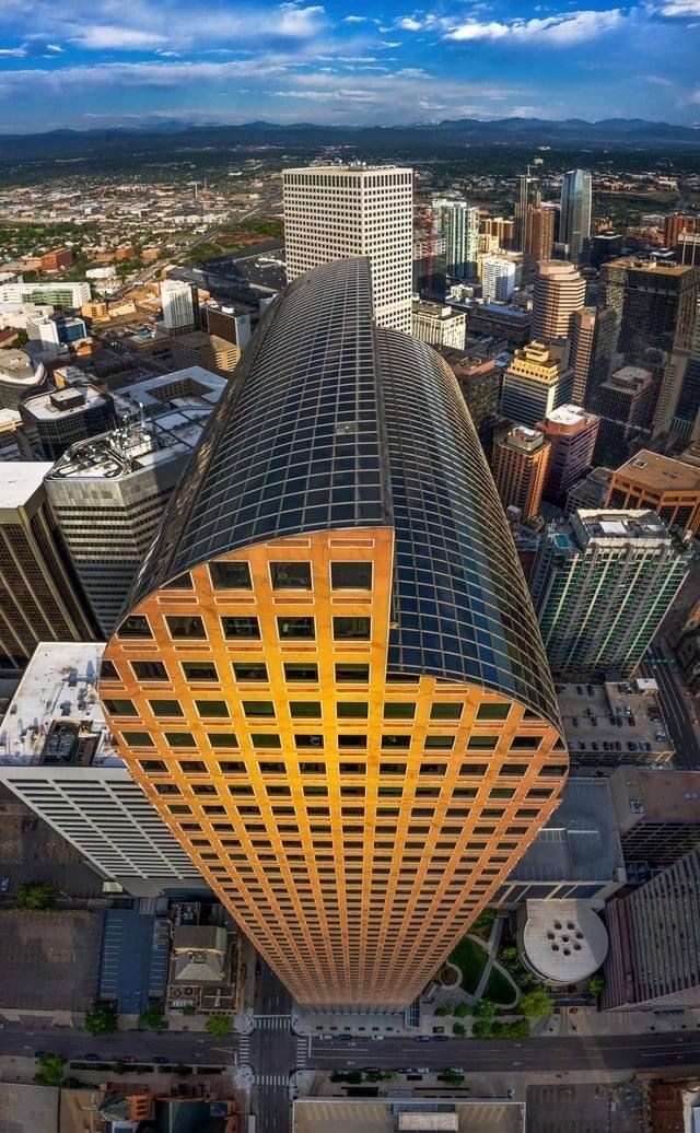 an aerial view of skyscrapers in the city