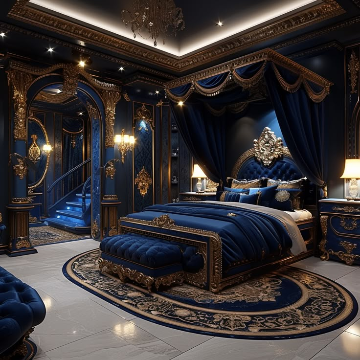 a luxurious bedroom with blue and gold decor