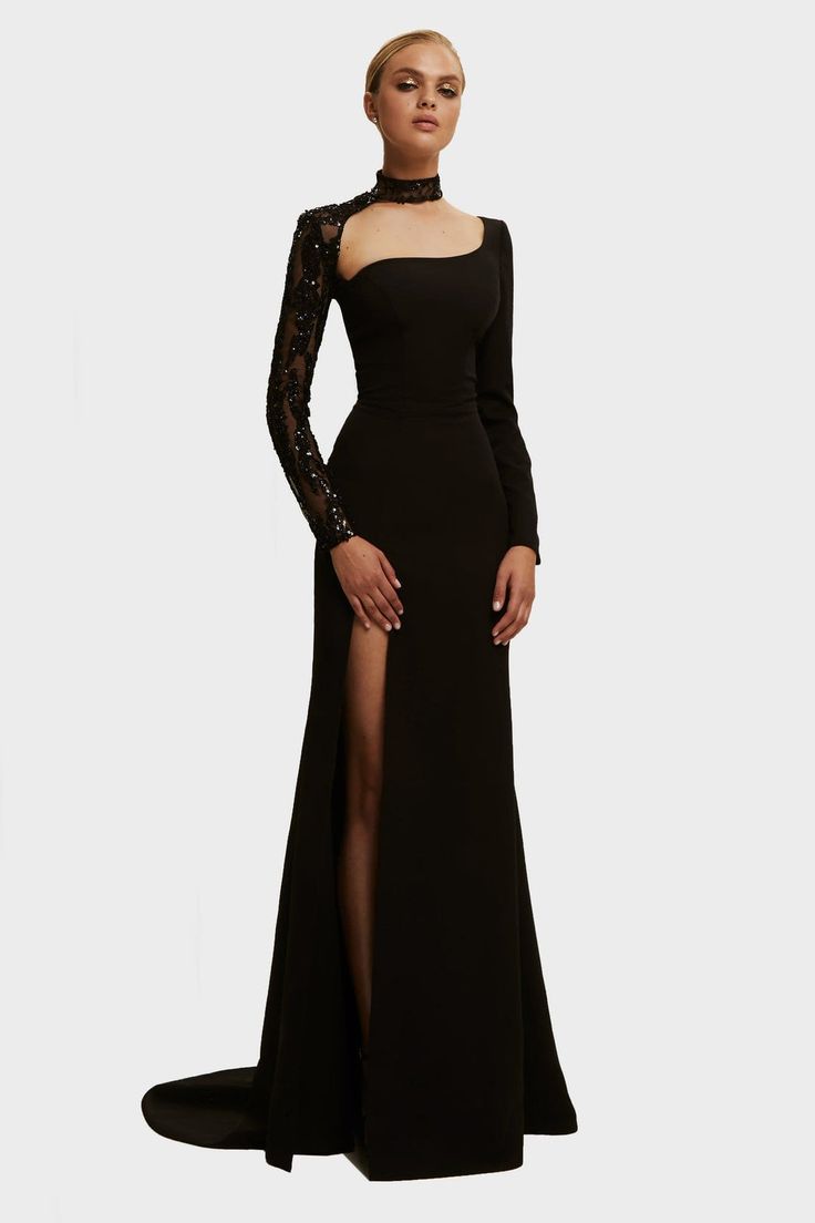 Buy Trumpet gown with detachable sleeve at Milla Dresses. Wide size range from XXS to XXL. FREE shipping across the USA. Return in 30 days. Black Evening Gown, Long Sleeve Evening Gowns, Dress Weights, Sequin Sleeve, Trumpet Gown, Black Dress With Sleeves, Long Sleeve Gown, فستان سهرة, Black Gown