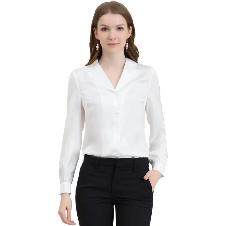 Complete your chic style with this satin button-up shirt. This satin button-up shirt features button cuffs and a notch collar perfectly. Pair it with jeans and work pants for your casual chic look. To create an elegant image with a classic design. Look smart and classic in this shirt finished with solid color fabric. With shiny and smooth fabric, this satin shirt makes you look elegant and romantic. Elegant V-neck Shirt With Back Button Closure, Elegant Office Wear Blouse With Placket, Elegant Business Blouse With Placket, Formal Blouse With Lapel Collar And Placket, Elegant Button-up Shirt With Button Closure, Elegant Office Blouse With Button Closure, Elegant Office Blouse With Placket Detail, Elegant Office Blouse With Placket, Elegant Office Shirt With Placket