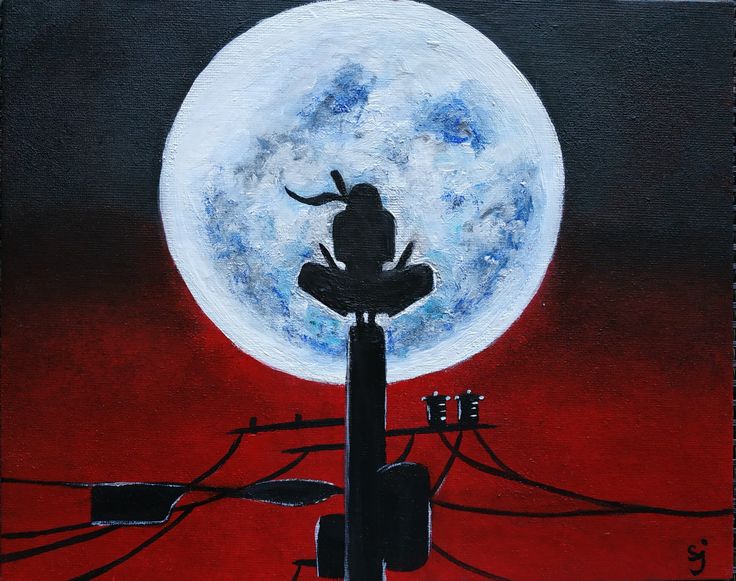 a painting of a man sitting on top of a telephone pole with the moon in the background