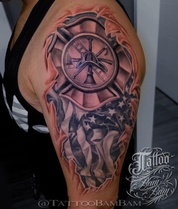 a man's arm with a clock and american flag tattoo design on the sleeve