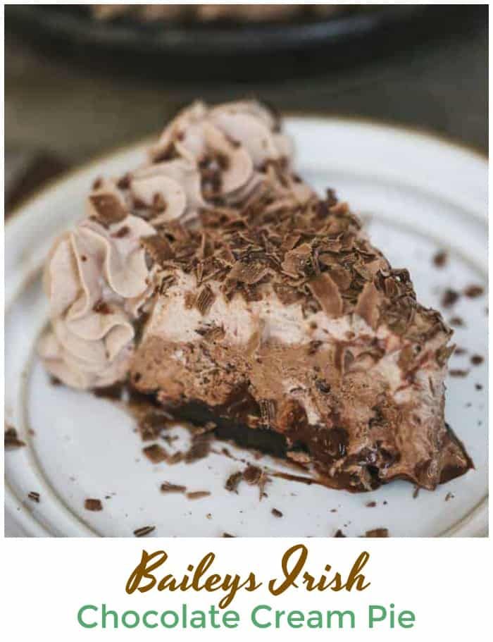 a piece of chocolate cream pie on a plate with the words bailey's irish chocolate cream pie