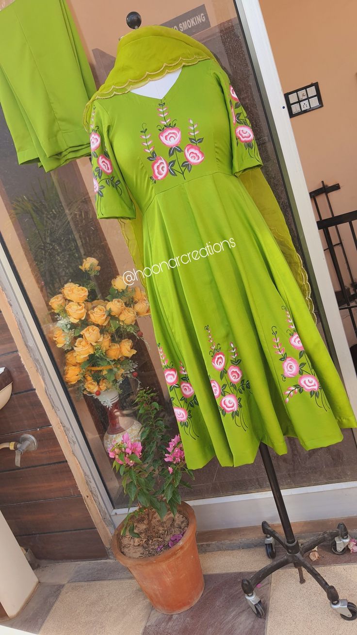 @hoonarcreations punjabi suit frocksuit designs Painting Suits Punjabi Design, Hand Painted Frock Suit, Paint Suits Punjabi Design, Punjabi Suit Design With Lace Work, Punjabi Suit Painting Design, Simple Dress For Birthday, Hand Painted Punjabi Suits, Painted Punjabi Suits, Parrot Colour Suit Design