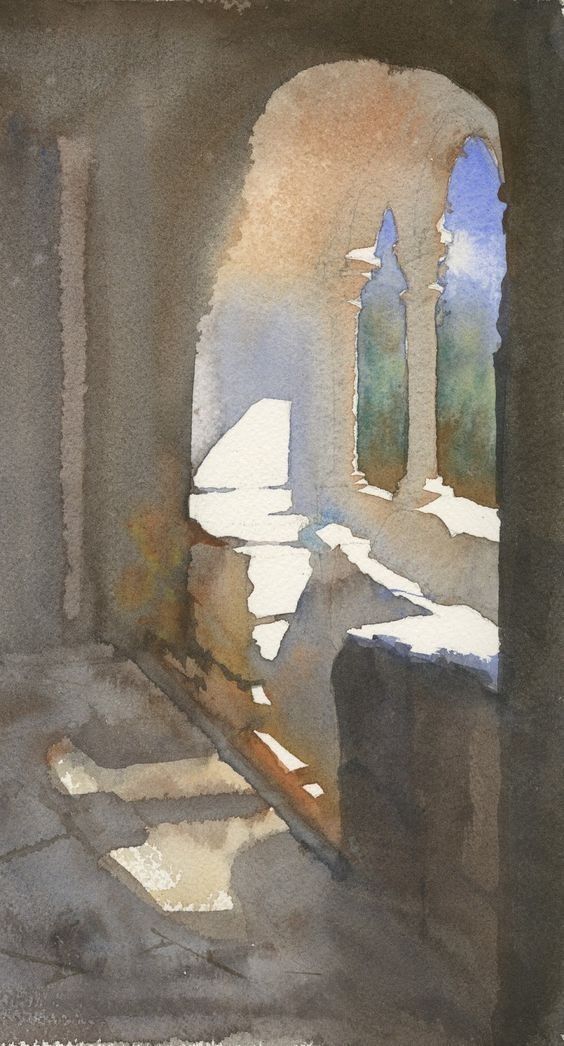 a watercolor painting of a room with an arched window and sunlight coming through the windows